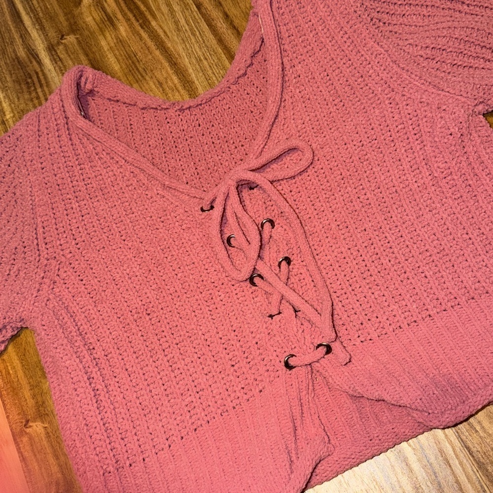New In women’s large Sweater rose Pink knit lace tie back boutique soft chenille - Picture 7 of 10